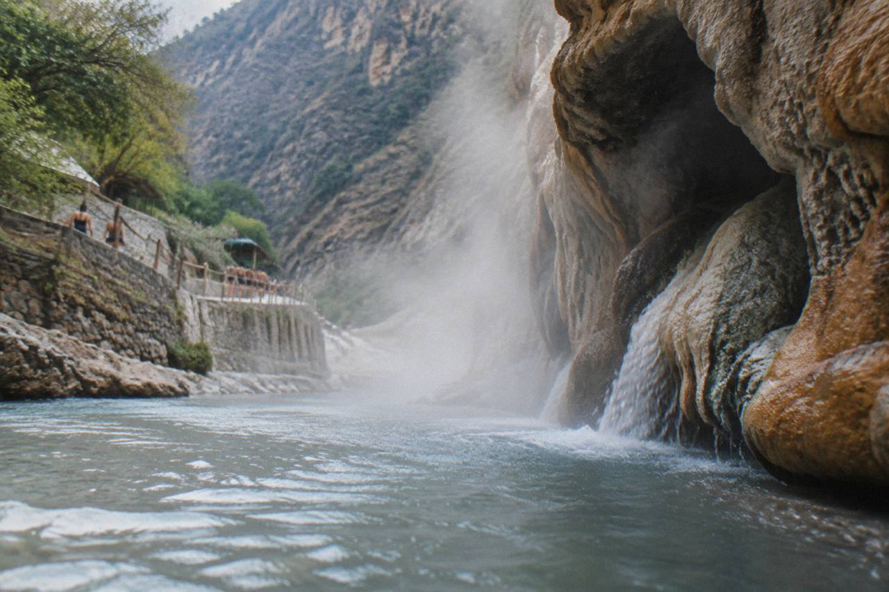 Steaming thermal water flowing from a rock cave opening into a canyon river