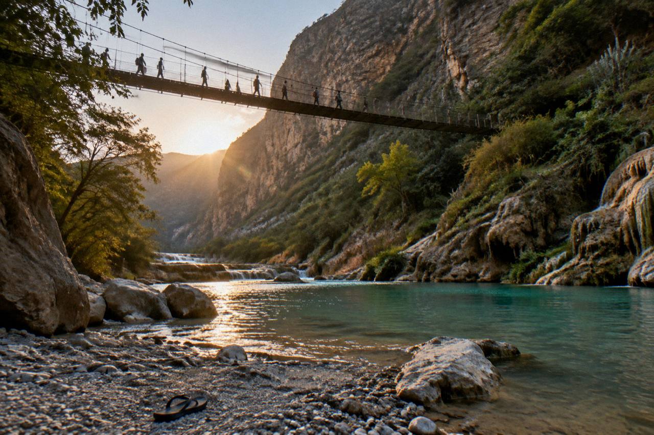 Visitors walking a hanging bridge above the thermal river in the canyon