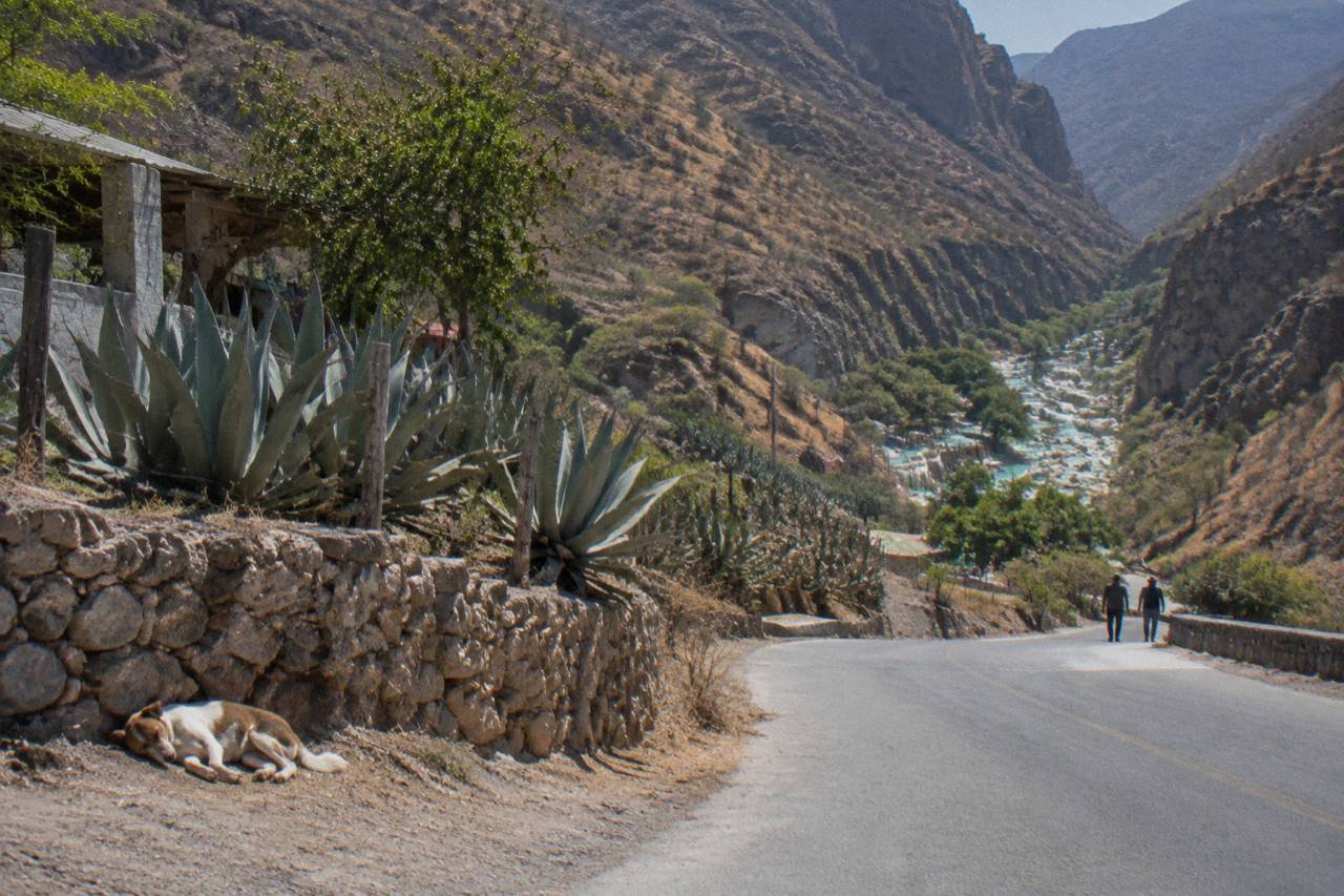 Winding mountain road descending toward the canyon with dry hills on either side