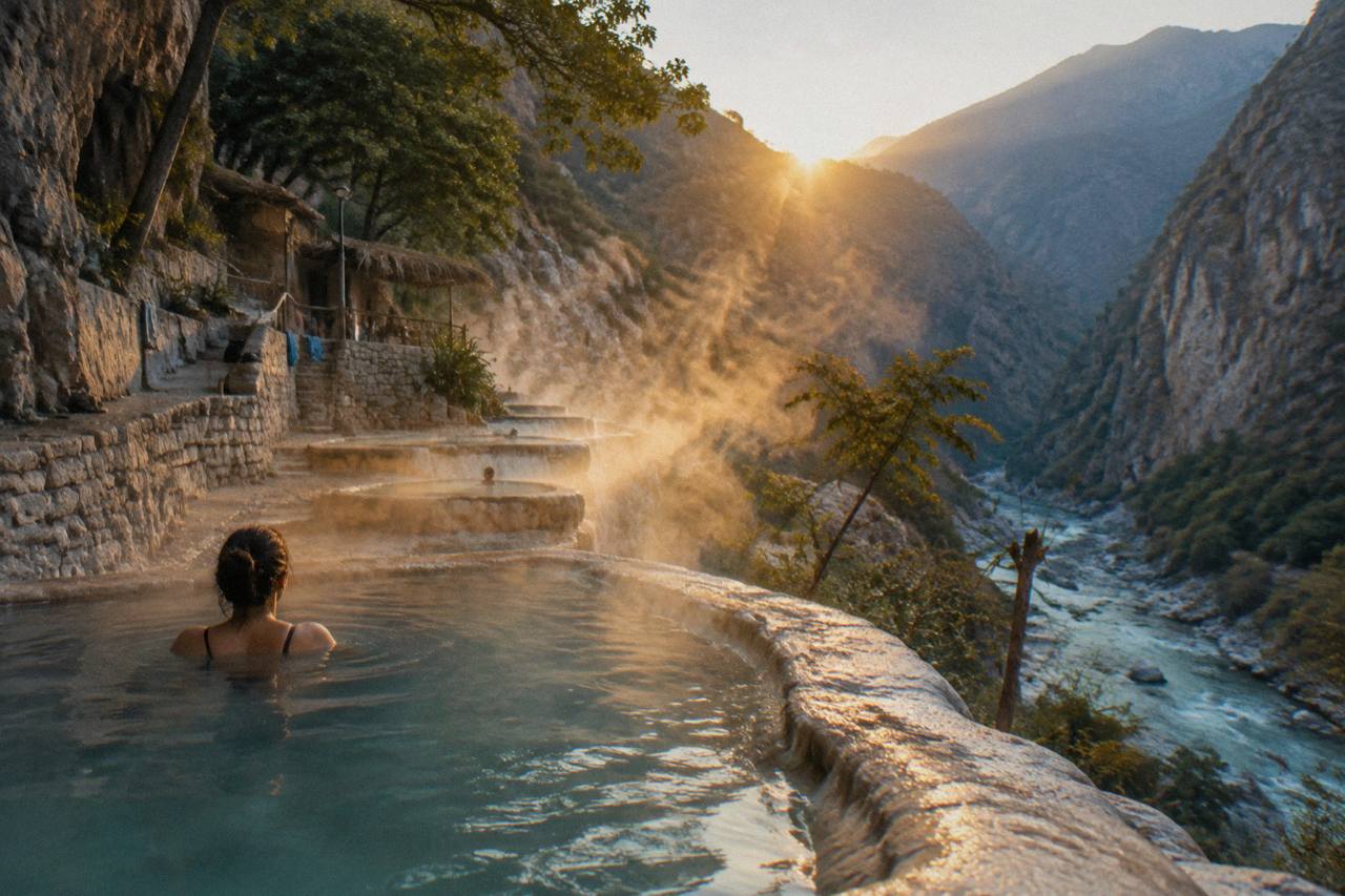 Thermal pools terraced down a steep canyon wall with steam rising